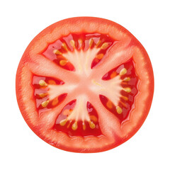A vibrant crosssection of a ripe red tomato, showcasing its juicy interior and seeds, isolated on a transparent background