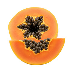 A half papaya and a slice of papaya, revealing its bright orange flesh and black seeds, isolated on a transparent background