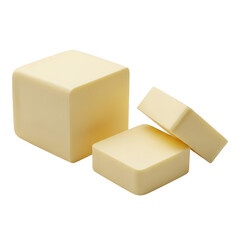 A block of butter with two cut cubes, isolated on a transparent background