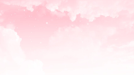 Pink sky with white clouds. Vector 