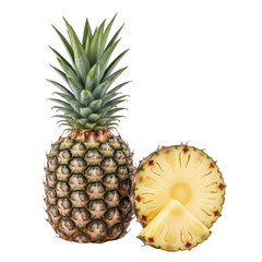 A whole ripe pineapple stands next to a cut slice and a wedge, revealing its textured skin and juicy flesh, isolated on white isolated on transparent background
