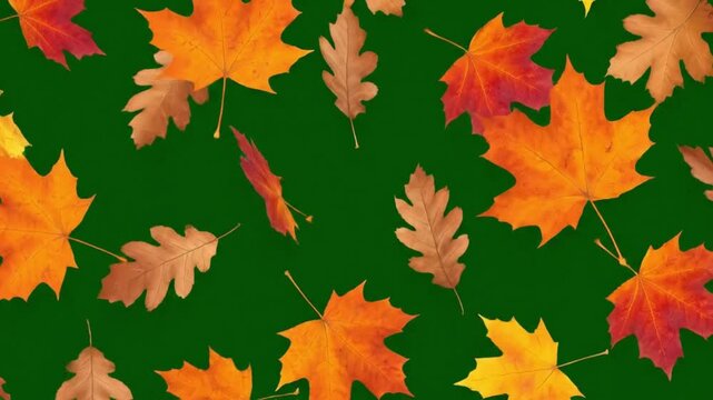 Dynamic fall foliage dancing on a lush green backdrop, creating a vibrant and inviting autumn scene, perfect for seasonal greetings and festive designs with warm, earthy tones and natural beauty