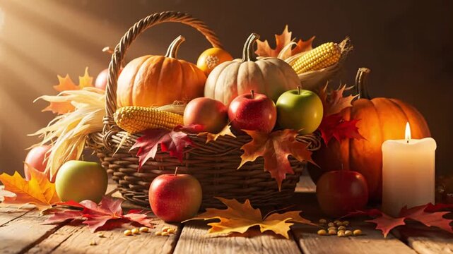 Celebrate autumn with this beautiful harvest bounty video, featuring pumpkins, apples, and cornucopia on a rustic wooden table illuminated by a softly flickering candle flame