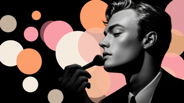 Stylish man applying powder with makeup brush and glowing lights - Powered by Adobe