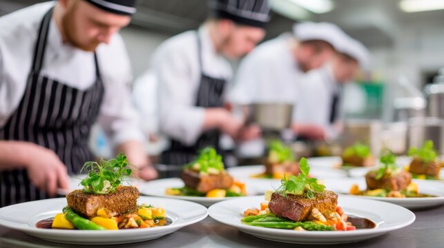 Chefs clad in crisp uniforms rush through a vibrant kitchen, expertly plating gourmet meals with fresh ingredients. The atmosphere buzzes with focused energy as they create culinary delights