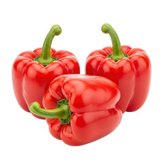 Three vibrant red bell peppers with green stems, isolated on a clean transparent background