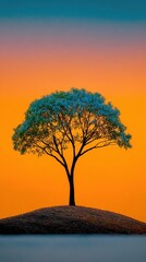 Vibrant green tree on small island against orange sky