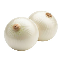 Two fresh white onions with visible root ends are placed on a plain transparent background