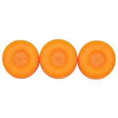 Three vibrant orange carrot slices are arranged in a row on a transparent background