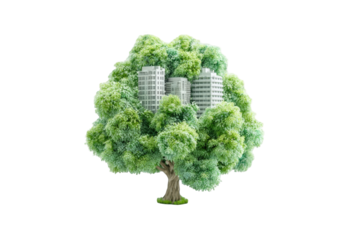 Urban tree, buildings nestled within a lush green tree