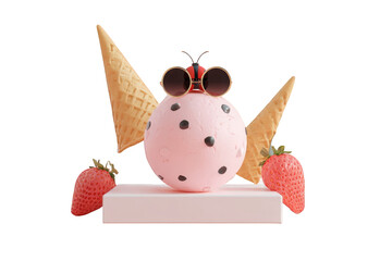 A 3D rendered ice cream ball with ladybird, and ice cream cones, resting on a pink platform with strawberries