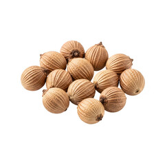 A pile of small, textured coriander seeds, isolated on a plain transparent background for culinary use