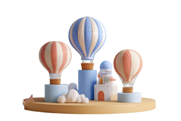 Three hot air balloons, pastel colors, a small village