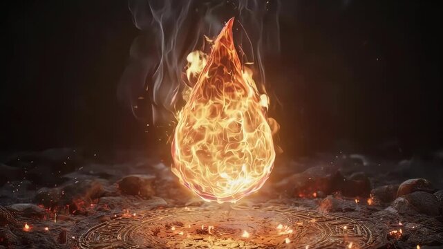 A fiery teardrop floats above a circular platform amidst ash