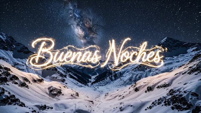 A snowy mountain range under a starry night sky with the words "Buenas Noches" in glowing script