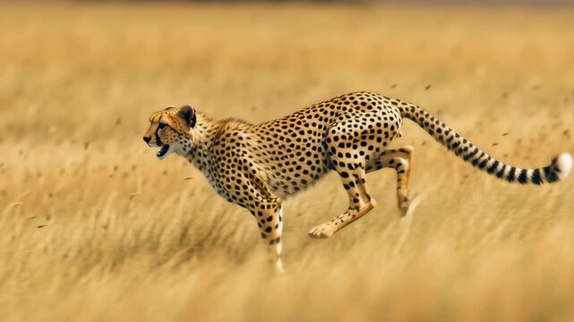 A cheetah is running through tall grass. The grass is brown and dry. The cheetah is in the middle of the field. A cheetah sprinting across the grasslands embodying agility