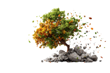 A vibrant tree with changing leaves on a rocky outcrop against a black background.  A surreal scene