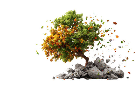 A vibrant tree with changing leaves on a rocky outcrop against a black background.  A surreal scene