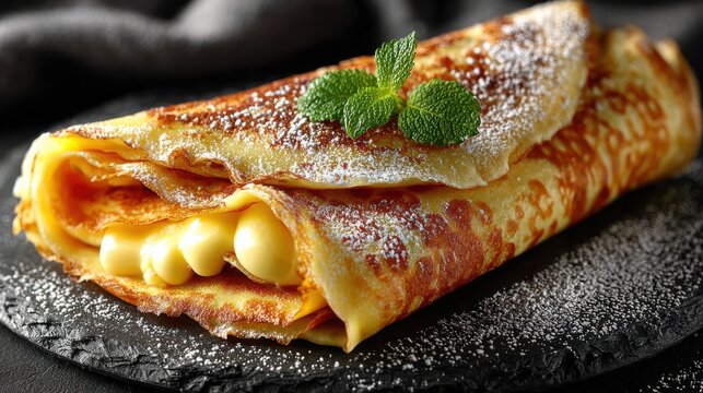 Cream-filled crepe with powdered sugar and mint leaves - Powered by Adobe