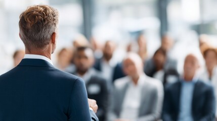 A speaker shares insights at a vibrant business seminar attended by a diverse group of professionals