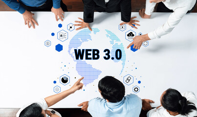 A diverse group of professionals discusses the evolving concept of Web 3.0, showcasing collaboration and innovation in a digital environment centered around a global map. Trope