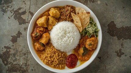 Traditional Sri Lankan rice and curry with colorful side dishes, dhal, coconut sambol, papadam, and spicy chicken curry, authentic South Asian cuisine, vibrant tropical food ph