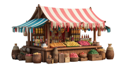 Medieval food stall.  Colorful market booth