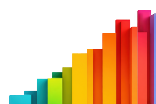 Colorful, 3D bar graph ascending on black background