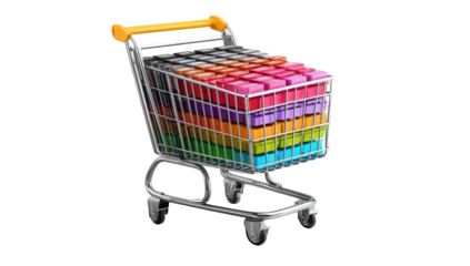 Colorful shopping cart filled with stacked, rectangular blocks