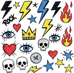 Make Grunge punk and rock crayon drawn set. Hand drawn scribble graffiti elements, lightnings, fire, crown, skulls, heart, eyes and stars. Street freehand doodle vector illustration with chalk texture