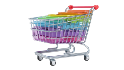 Colorful shopping cart filled with containers