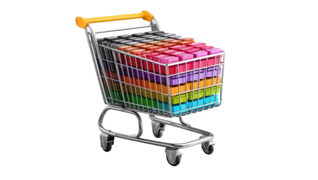 Colorful shopping cart filled with stacked, rectangular blocks