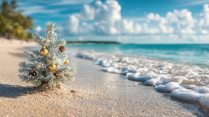 Small Christmas tree with ornaments on sandy seashore