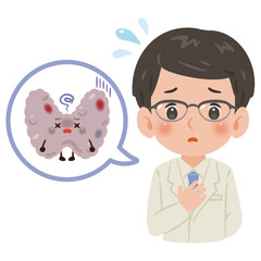 不健康な甲状腺のキャラクターと白衣を着た男性医師　上半身イラスト／Unhealthy Thyroid Character with Male Doctor in White Coat　upper body illustration
