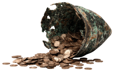 Ancient metal container spilling coins