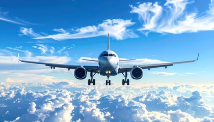 Obraz premium Jetliner ascends through the sky's vast expanse, over puffy clouds