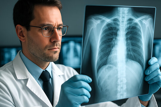 A doctor wearing gloves and glasses carefully examines a chest X-ray under cool blue lighting. His focused expression conveys expertise and dedication as he studies the details of the human lungs for 