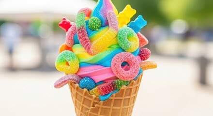 Colorful ice cream cone with gummy toppings — symbolizing sweetness, joy, and childhood fun