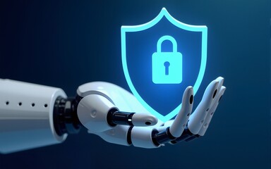 AI Robot Hand holding Shield with Padlock icon over blue background abstract. Cyber attack block, Cyber data, and Information privacy with Artificial Intelligence Concept. 3D Rendering. High quality