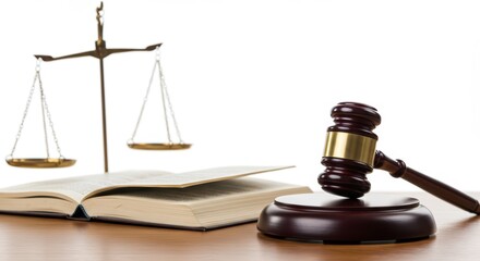 Wooden gavel and law book with balance scale. Justice, law, verdict concept for legal advice, court proceedings, lawyer and judge banner with copy space.