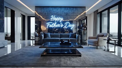A modern living room with a glowing neon sign saying "Happy Father's Day". It features a sofa and armchair - Powered by Adobe