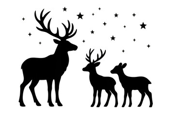 Naklejka premium Deer family silhouette with stag, doe, and fawn under a starlit night, transparent background