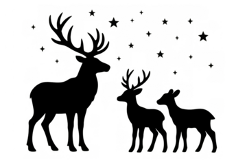 Deer family silhouette with stag, doe, and fawn under a starlit night, transparent background