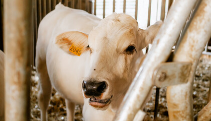 Portrait of a young white calf with ear tag inside a barn, showing livestock identification and modern animal farming practices