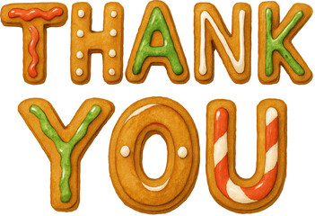 Gingerbread thank you text with colorful icing decoration isolated on transparent background