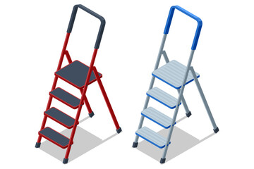 Isometric metal step ladders in red and blue colors. Concept of home repair, maintenance, construction, and DIY equipment.