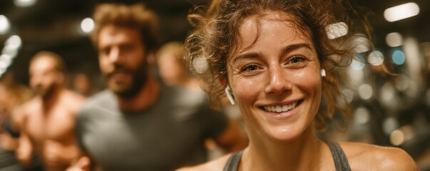 Smiling Young Woman Exercising on Treadmill with Fitness Enthusiasts in Background