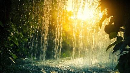 Isolated view from behind a curtain waterfall, looking out onto a sunlit rainforest, water textures in foreground, unique perspective
