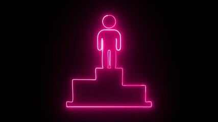 Winning neon glow animation, achievement concept, pink outline of person on top of podium, celebrating success, leadership, glowing victory