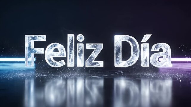 A 3D rendered text, "Feliz D?a", in icy font with particle effects, reflecting on a glossy surface
